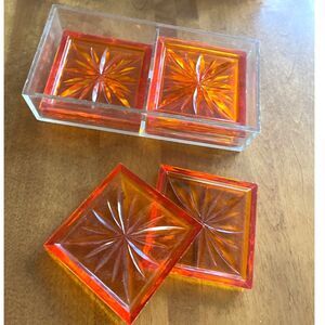 Vintage MCM Set of 7 Acrylic Lucite Duracite Dek-O-Coasters Orange Starburst
